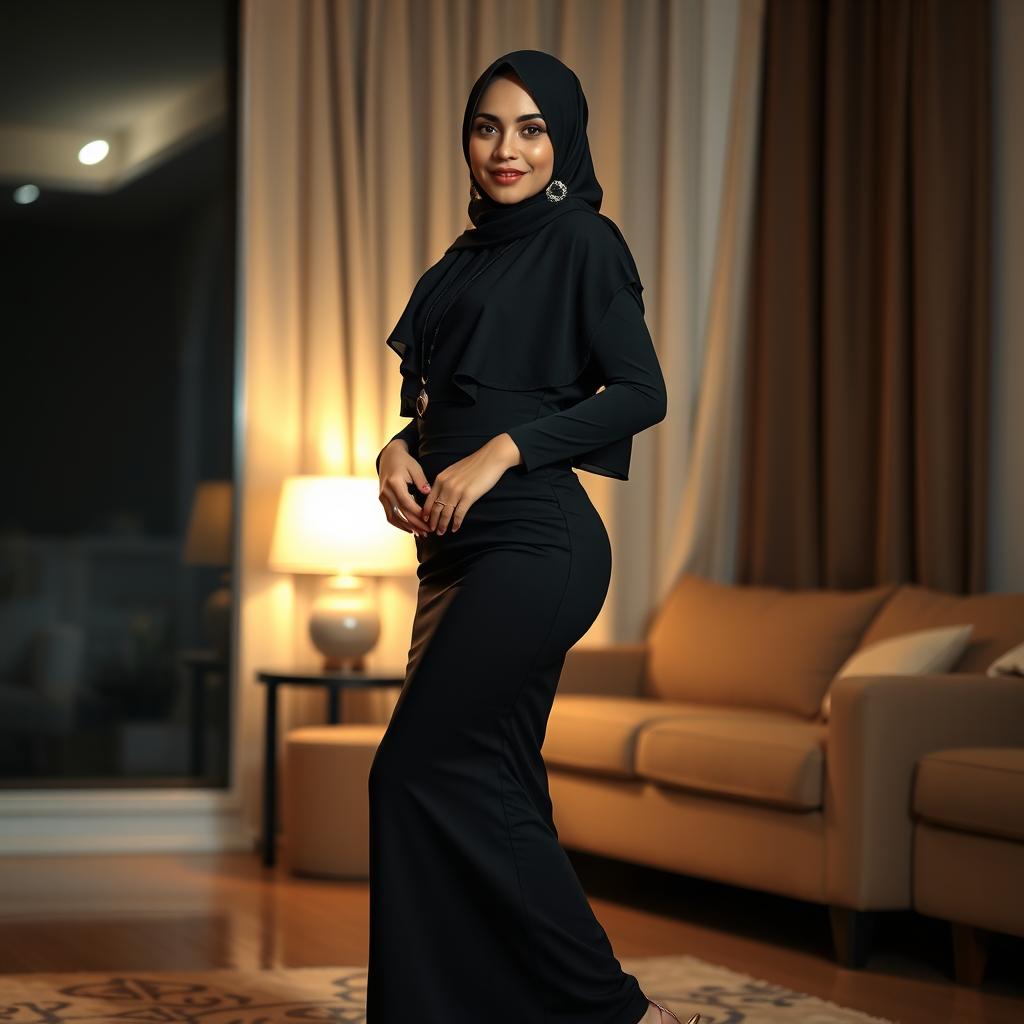 A stunning full-body portrait of a 33-year-old Arab woman with an Indonesian face, showcasing her slim physique, beautiful fair skin, and exquisite facial features