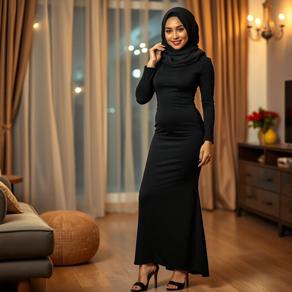 A breathtaking full-body portrait of a 33-year-old Arab woman with an Indonesian face, showcasing her slim physique, stunning fair skin, and exquisite facial features