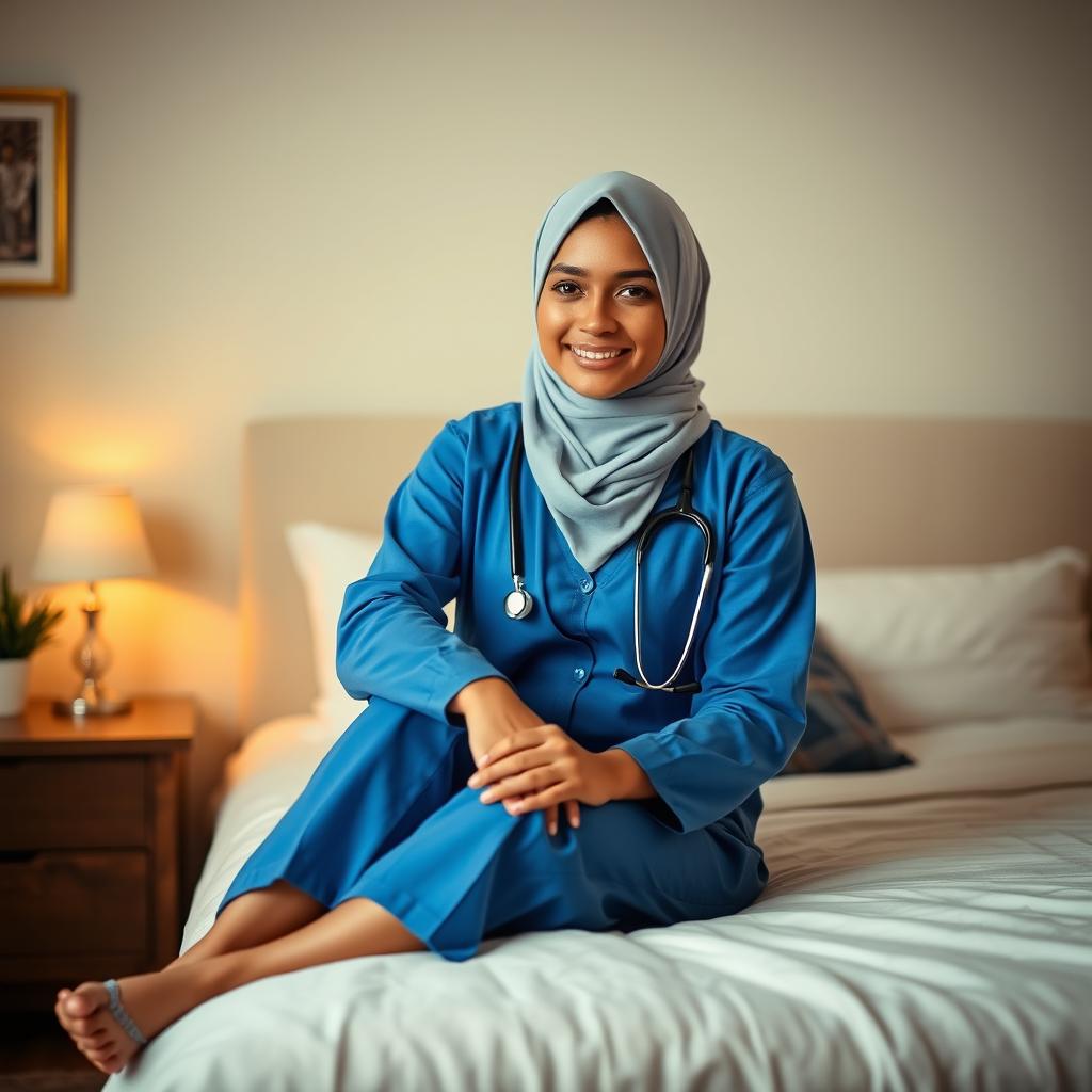 A beautiful 18-year-old female doctor wearing a blue outfit and a hijab, seated alluringly on her bedroom bed