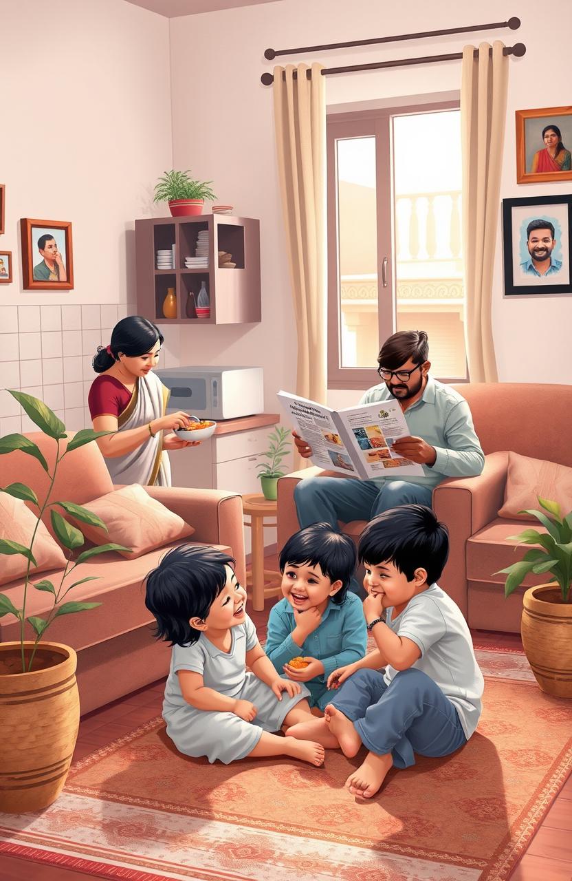 A heartwarming scene depicting a middle-class family in India, showcasing a cozy living room filled with warmth and love