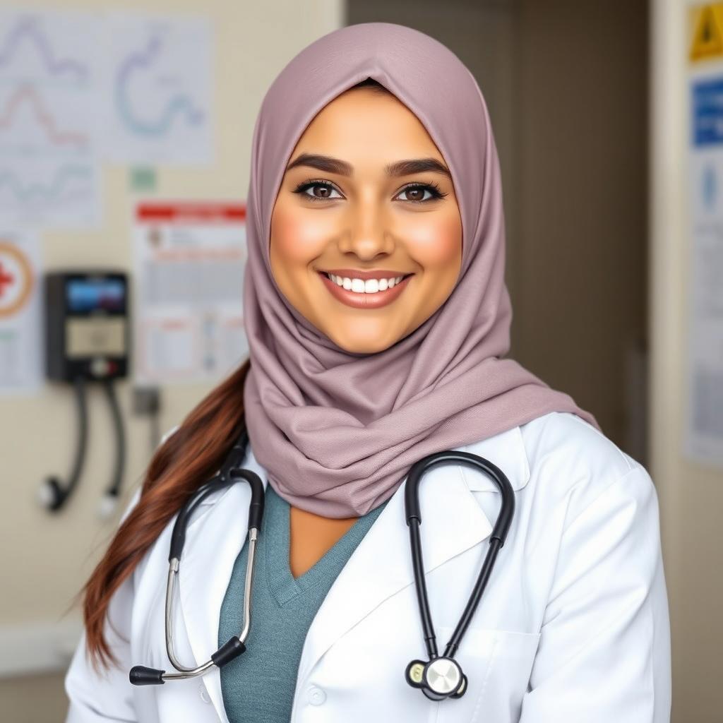 An 18-year-old beautiful, sweet girl dressed as a doctor, wearing a stylish hijab that covers her hair completely
