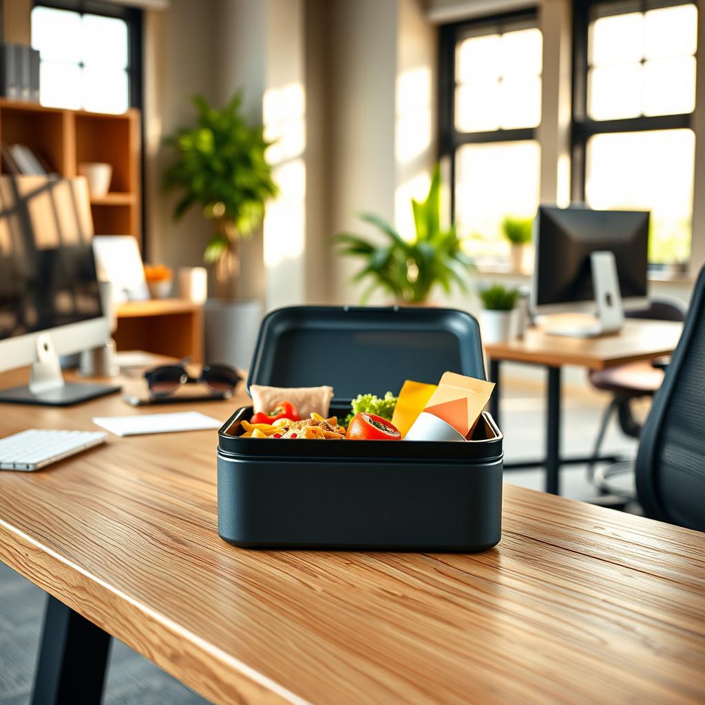 A modern office setting featuring a sleek wooden office table with a stylish lunch box placed on it