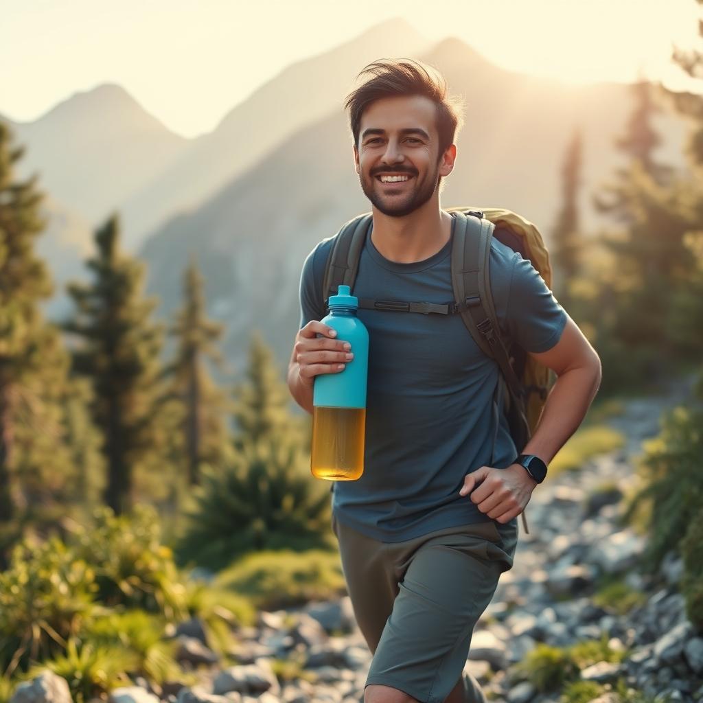 A scenic mountain trekking scene featuring a hiker carrying a vibrant water bottle