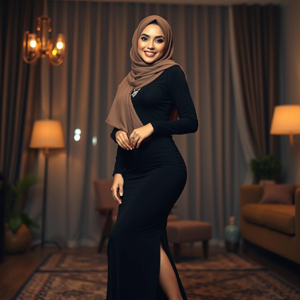 A captivating full-body portrait of a 33-year-old Arab woman with an Indonesian face, revealing her slim build, beautiful fair skin, and stunning facial features