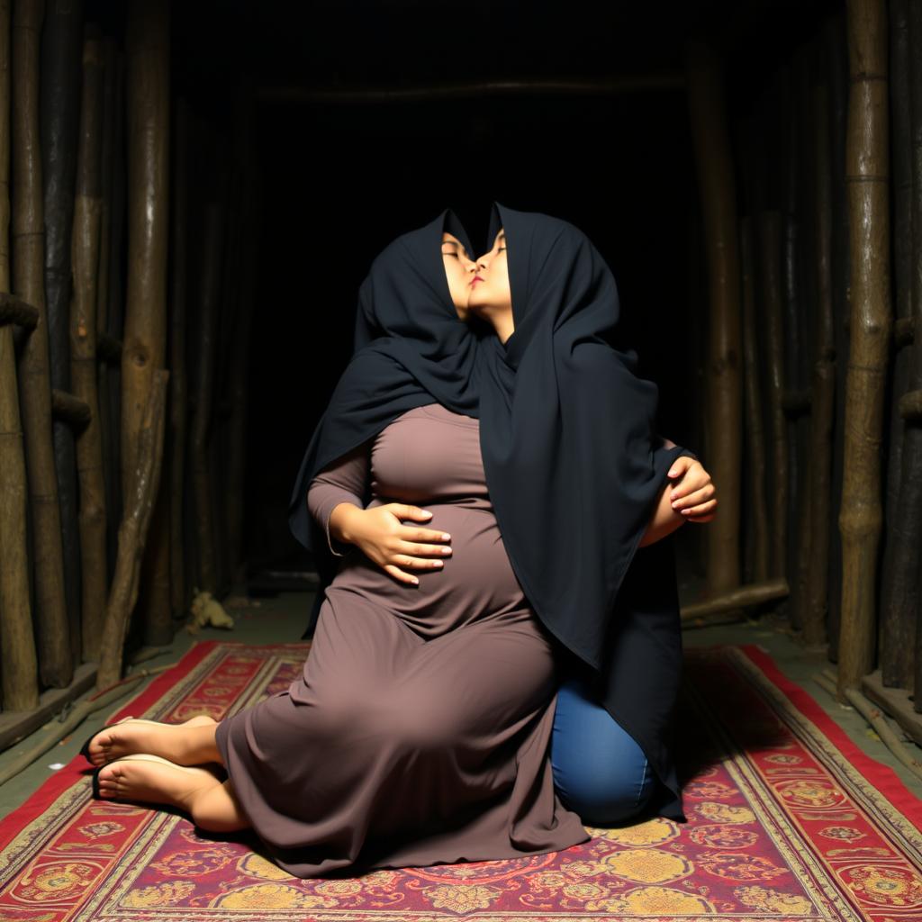 A beautiful Indonesian Muslim woman wearing a hijab, dressed in a tank top and slightly plump with a medium bust size