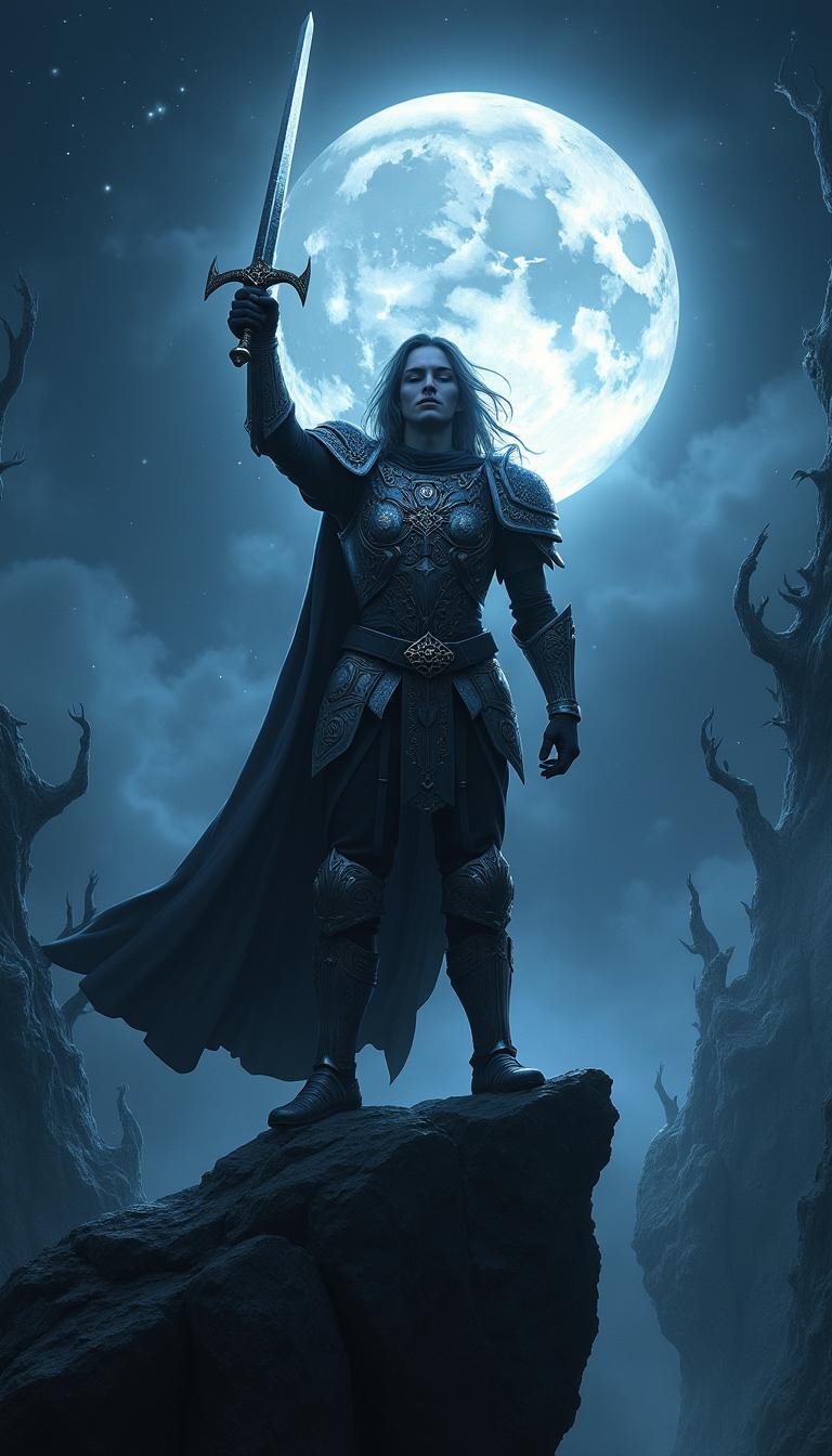 A triumphant hero standing proudly on a rocky cliff under a full moon, their silhouette illuminated by the moonlight
