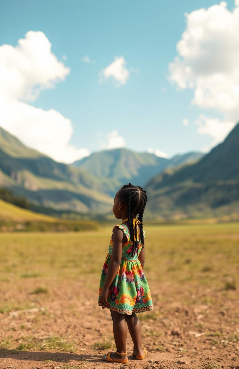 A young black girl standing in the middle of a vast landscape, facing majestic green hills in the background