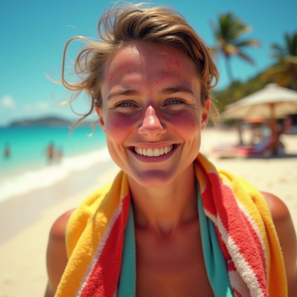 A close-up image of a sunburned person enjoying a summer day at the beach