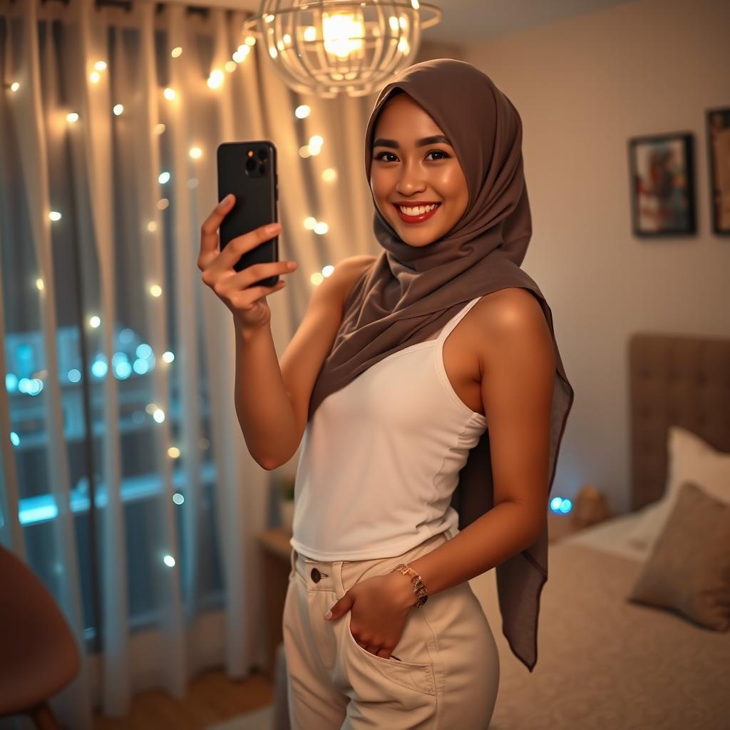 A young and beautiful 33-year-old Indonesian Muslim woman wearing a pashmina hijab, a white tank top, and short pants