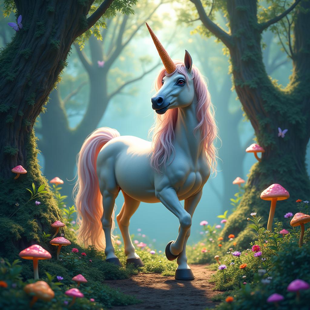 A majestic mystical unicorn standing in a vibrant fantasy forest, filled with lush greenery, colorful flowers, and magical elements like glowing mushrooms and twinkling fairy lights