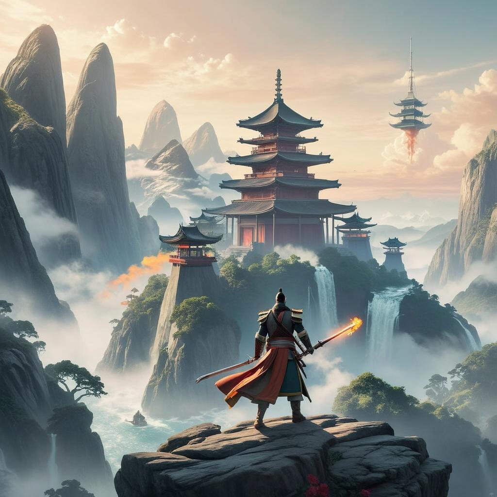 A majestic scene of a traditional Asian temple complex nestled among towering mountains and cascading waterfalls, with one figure in traditional warrior attire holding a glowing sword, facing the temple in awe