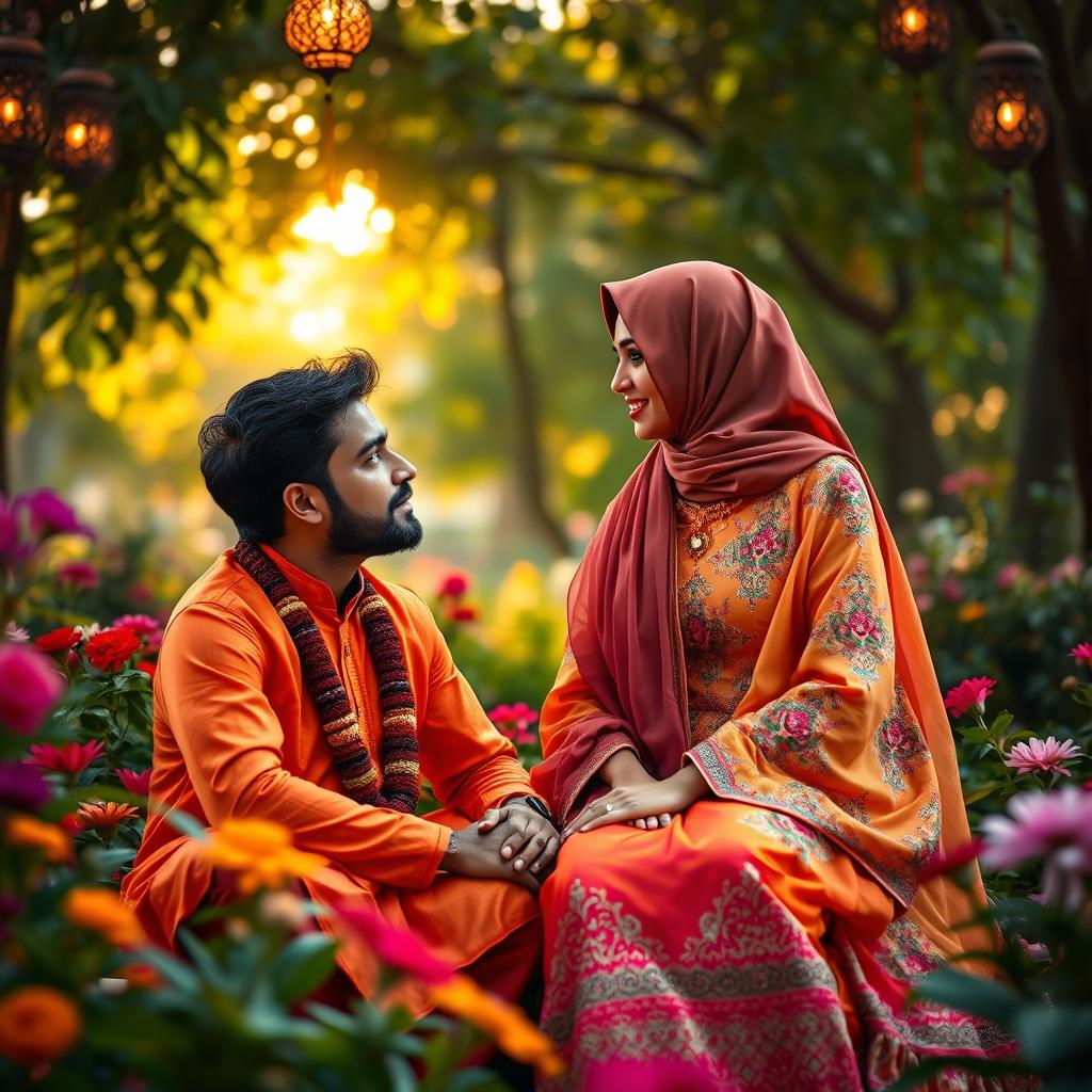 A romantic scene between a Hindu man and a Muslim woman, sitting together in a serene garden filled with vibrant flowers and lush greenery
