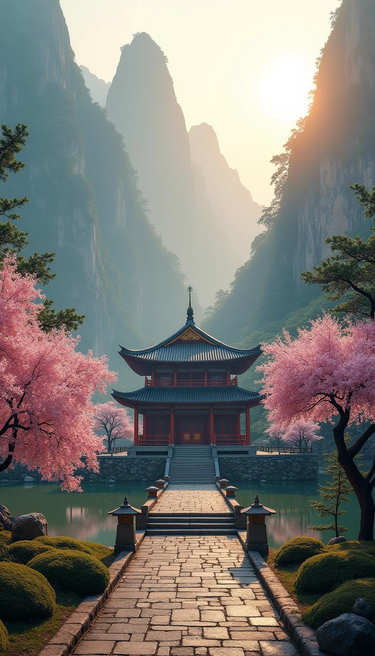 A tranquil mountain temple, nestled amidst towering peaks and lush green forests