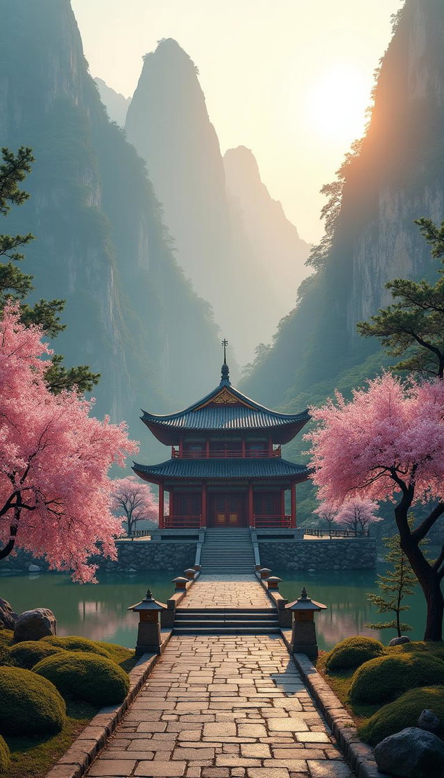 A tranquil mountain temple, nestled amidst towering peaks and lush green forests