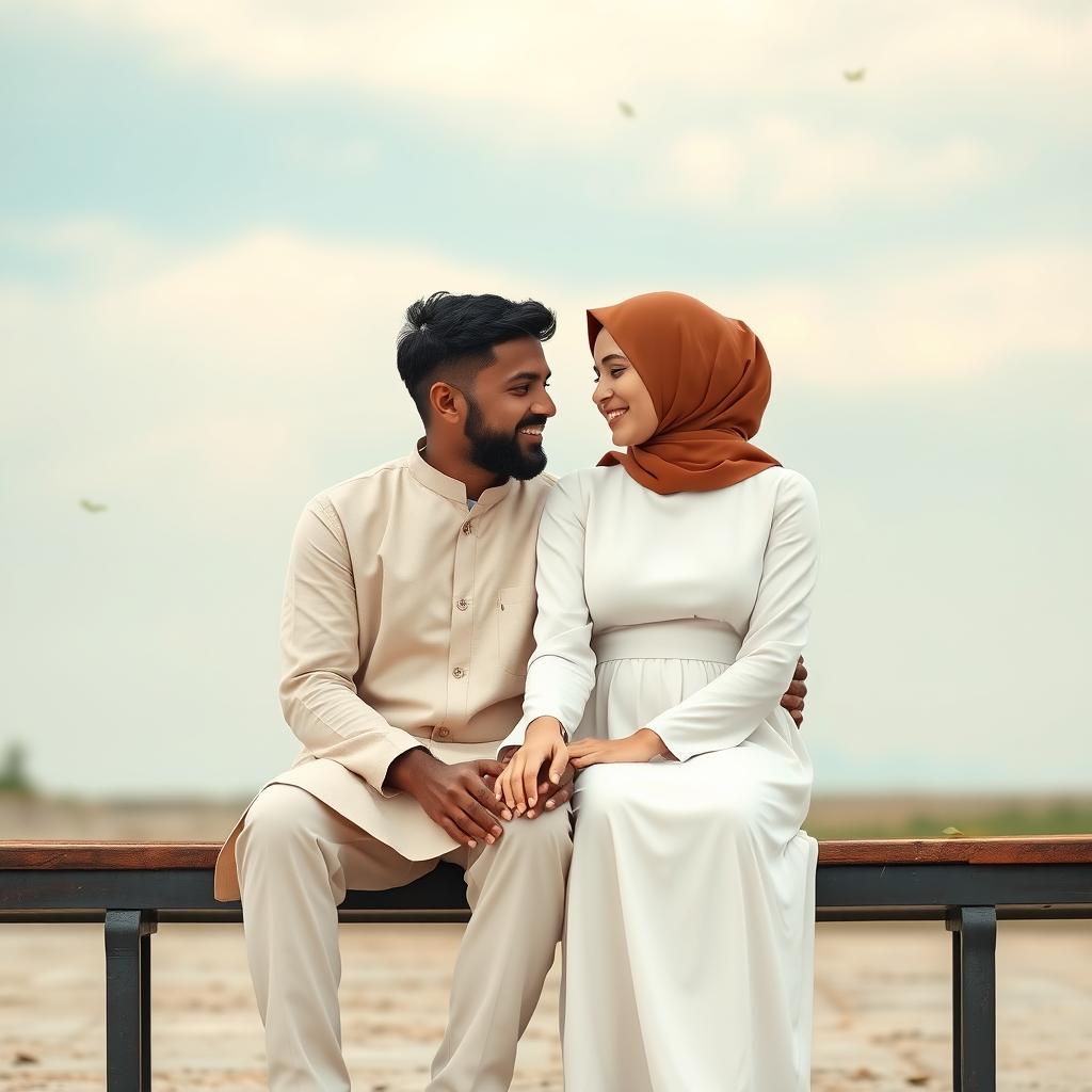 A minimalist romantic scene featuring a Hindu man and a Muslim woman, sitting closely together on a simple bench in an open space