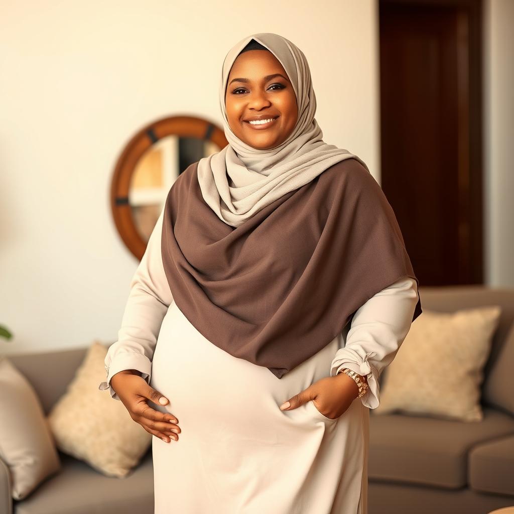 A full body portrait of a BBW mature curvy Arab mom wearing a stylish hijab