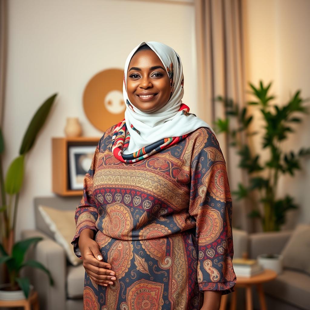A full body portrait of a BBW mature curvy Arab mom wearing a stylish and colorful hijab
