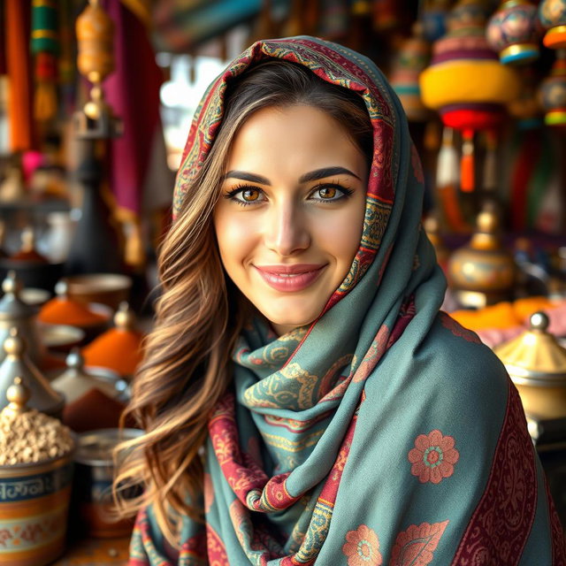 A beautiful Arab woman wearing a colorful hijab, with intricate patterns, sitting in a vibrant marketplace