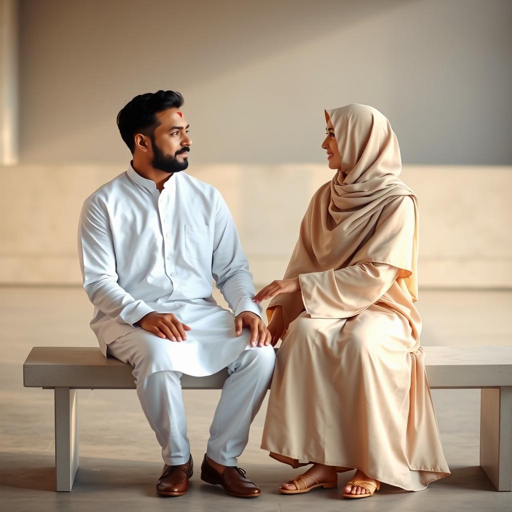 A minimalist romantic scene featuring a Hindu man with a red tilak on his forehead, and a Muslim woman in a simple, elegant hijab