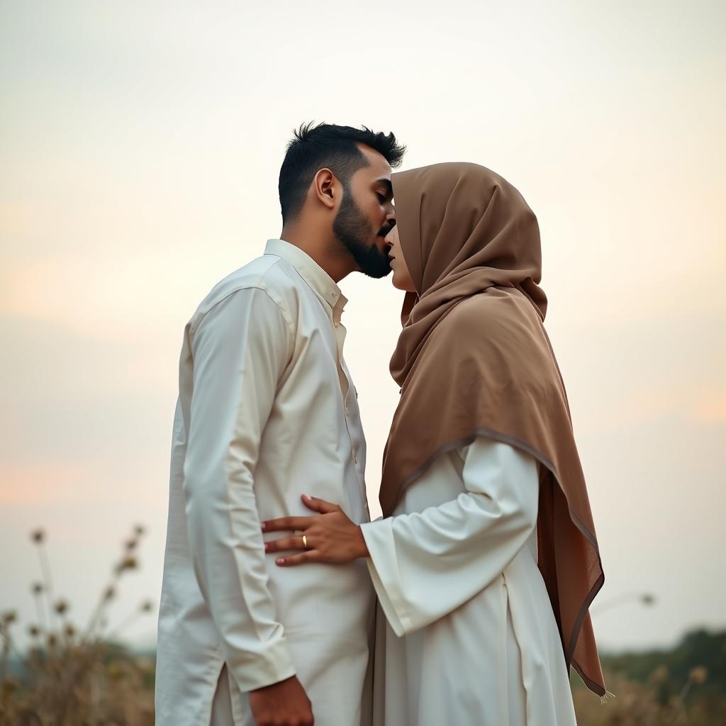A minimalist romantic scene capturing a tender moment between a Hindu man with a red tilak on his forehead and a Muslim woman in an elegant hijab