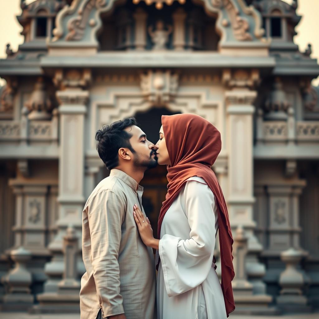 A minimalist romantic scene set in front of a beautifully crafted Hindu temple, featuring a Hindu man with a red tilak on his forehead and a Muslim woman in an elegant hijab