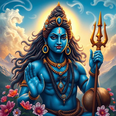 A beautiful and majestic depiction of the Hindu god Shiva, adorned with traditional ornaments, a crescent moon on his head, and a serene expression