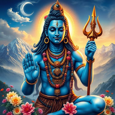 A beautiful and majestic depiction of the Hindu god Shiva, adorned with traditional ornaments, a crescent moon on his head, and a serene expression