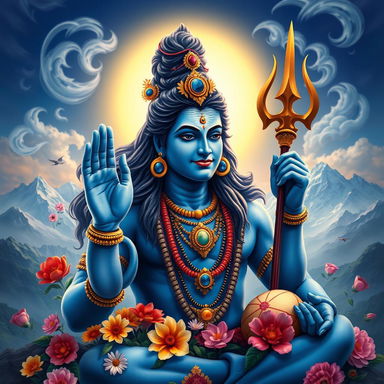 A beautiful and majestic depiction of the Hindu god Shiva, adorned with traditional ornaments, a crescent moon on his head, and a serene expression