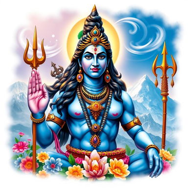 A beautiful and majestic depiction of the Hindu god Shiva, adorned with traditional ornaments, a crescent moon on his head, and a serene expression