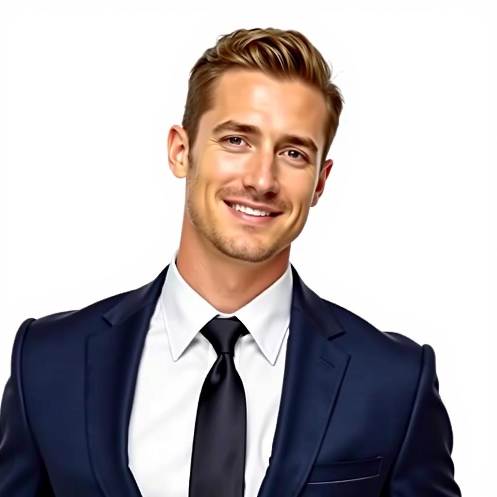 A stylish adult man in a formal suit and tie, exuding confidence and elegance, standing against a clean, white background