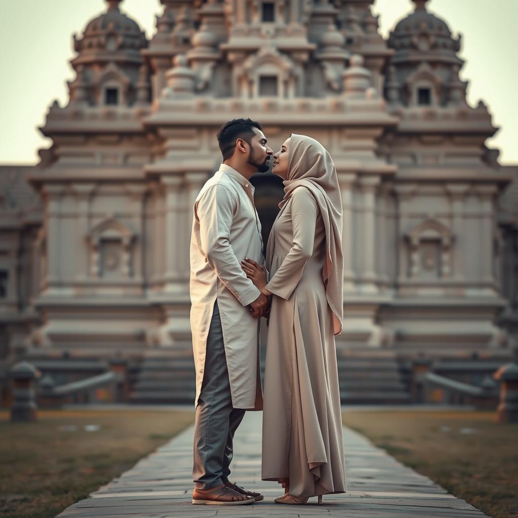A minimalist romantic scene featuring a tall Hindu man with a red tilak on his forehead and a Muslim woman in an elegant hijab