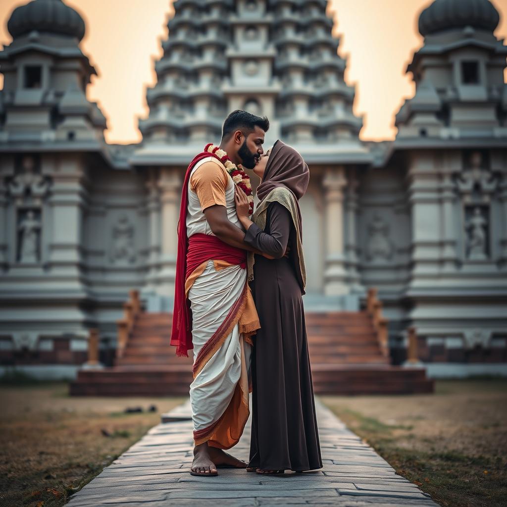A minimalist romantic scene showcasing a tall Hindu man dressed in a traditional dhoti with a prominent red tilak on his forehead, and a Muslim woman in an elegant hijab