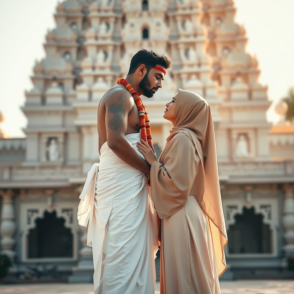 A minimalist romantic scene capturing a tall Hindu man dressed in a white dhoti with a vibrant red tilak adorning his forehead, leaning in for a kiss with a Muslim woman in a graceful hijab