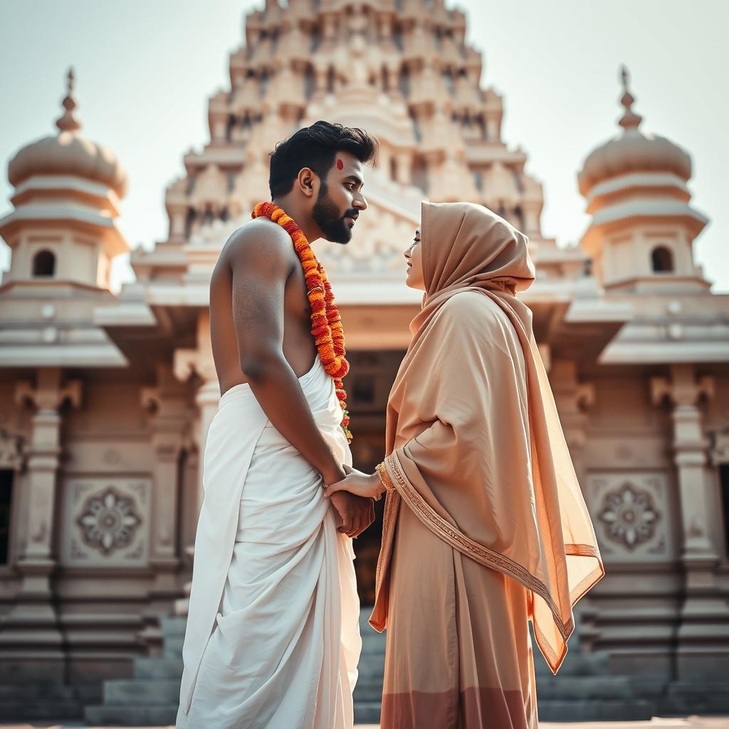 A minimalist romantic scene depicting a tall Hindu man wearing a white dhoti with a vivid red tilak on his forehead, gently kissing a Muslim woman dressed in a flowing hijab