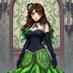 A gothic Victorian maiden anime girl with a voluptuous figure, clad in a tightly laced black corset that beautifully complements her silhouette, layered over an elegant white bodice or chemisette