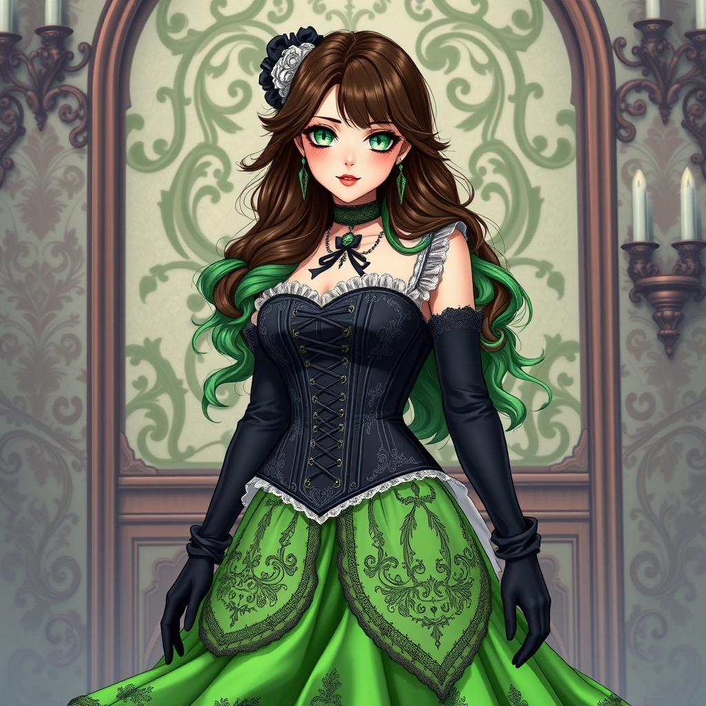 A gothic Victorian maiden anime girl with a voluptuous figure, clad in a tightly laced black corset that beautifully complements her silhouette, layered over an elegant white bodice or chemisette