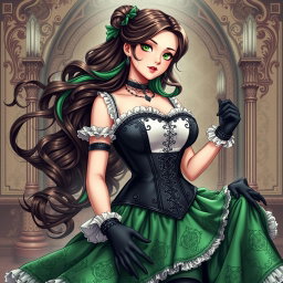 A gothic Victorian maiden anime girl with a voluptuous figure, clad in a tightly laced black corset that beautifully complements her silhouette, layered over an elegant white bodice or chemisette