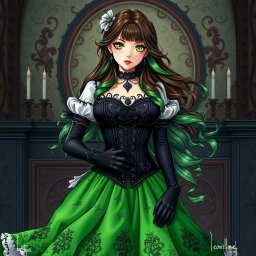 A gothic Victorian maiden anime girl with a voluptuous figure, clad in a tightly laced black corset that beautifully complements her silhouette, layered over an elegant white bodice or chemisette