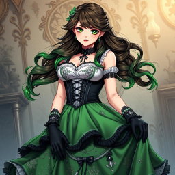 A gothic Victorian maiden anime girl with a voluptuous figure, clad in a tightly laced black corset that beautifully complements her silhouette, layered over an elegant white bodice or chemisette