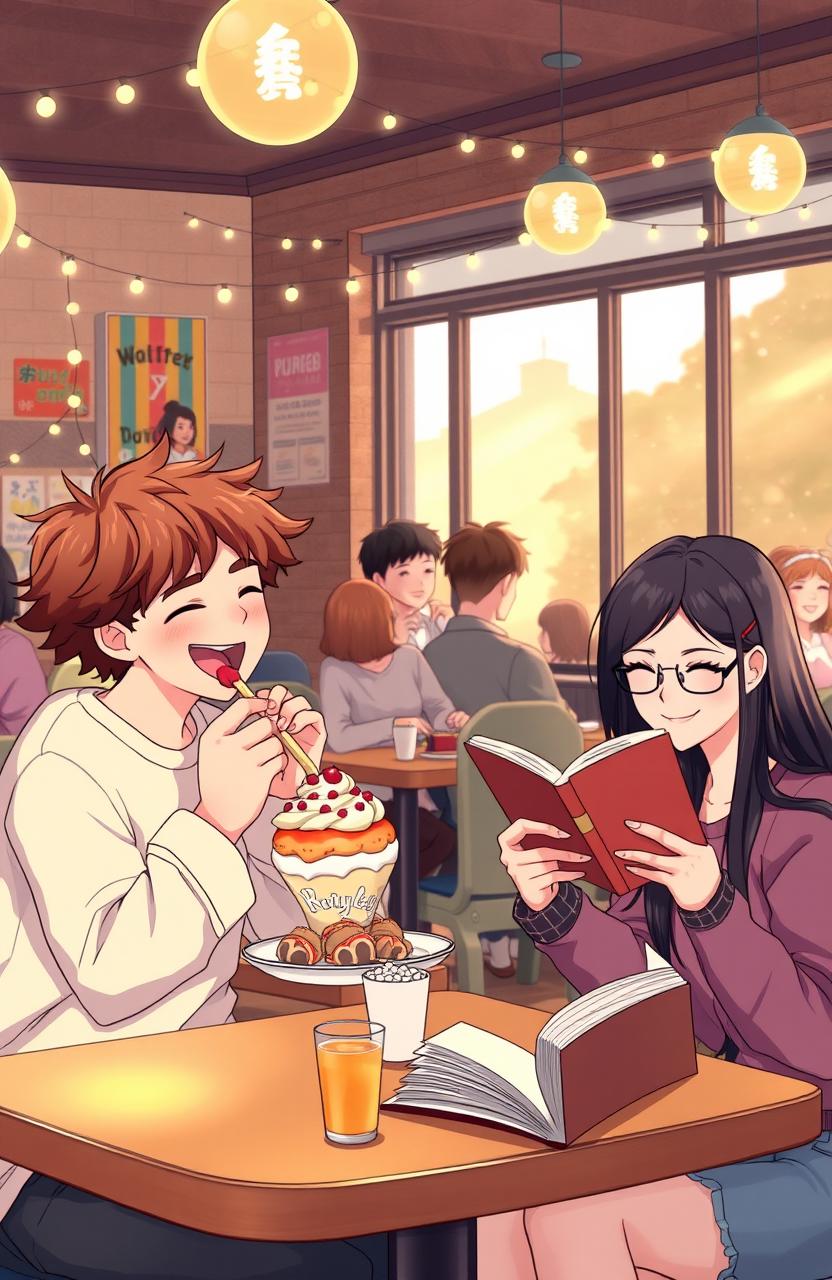A heartwarming high school scene featuring two couples enjoying their time together at a cozy café