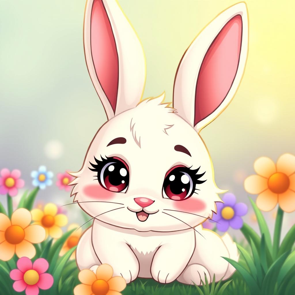 A cartoonish cute female rabbit with large shiny eyes and prominent expressive eyebrows, showcasing a playful blush on her cheeks