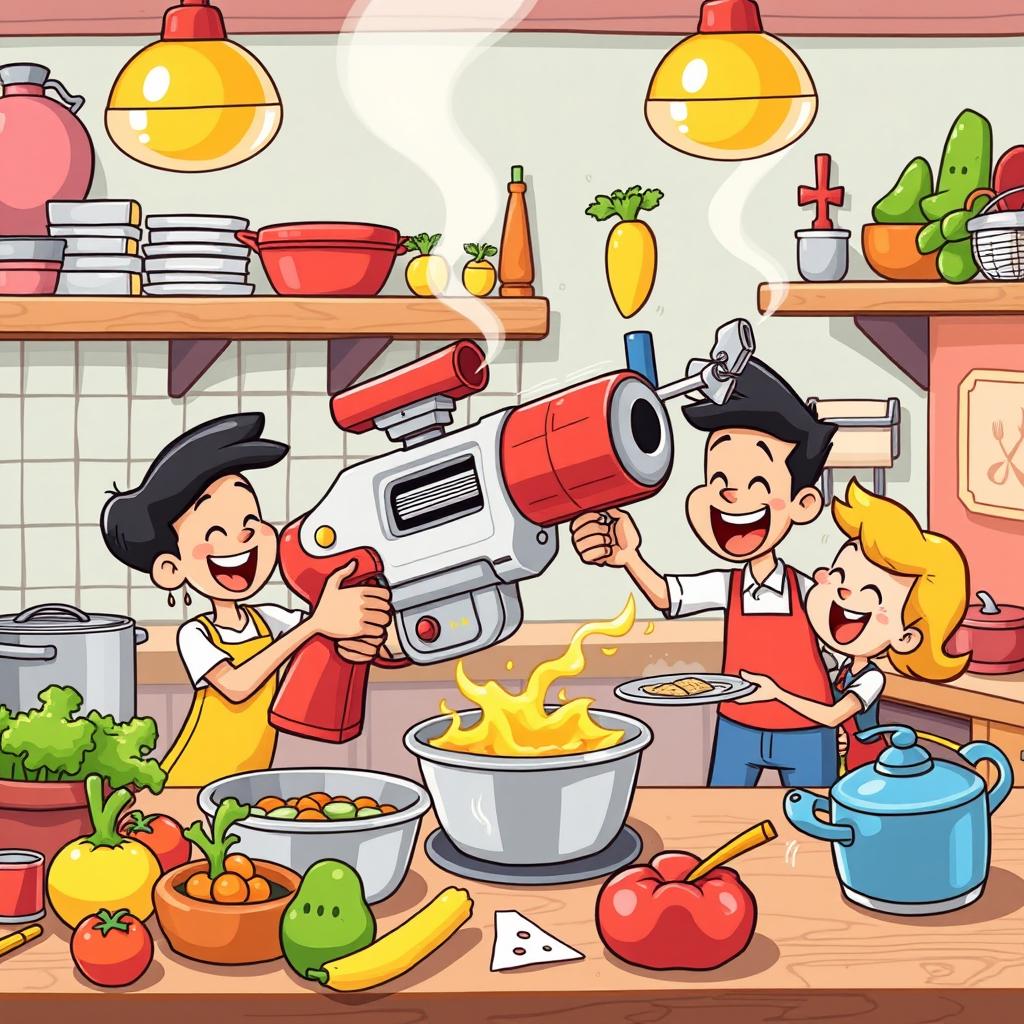 A playful and humorous depiction of a whimsical kitchen scene featuring a cartoon-style 'kitchen gun'