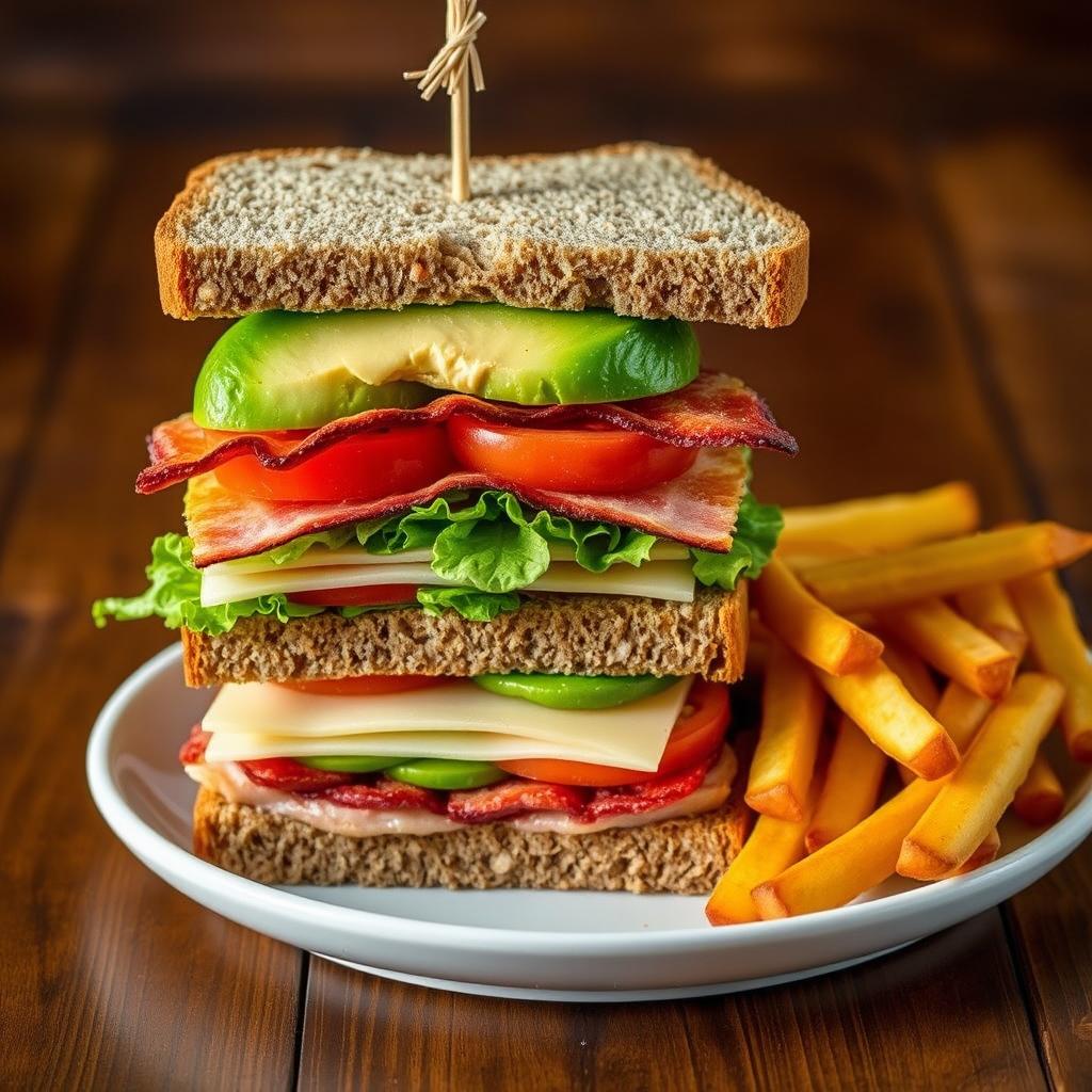 A visually appealing sandwich, stacked high with layers of fresh ingredients