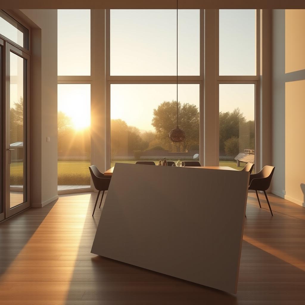 A hyper-realistic photograph of a minimalist dining room featuring large windows on a sunny day during sunset