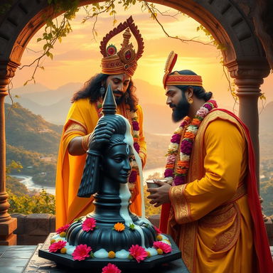 Chhatrapati Shivaji Maharaj, dressed in a royal yellow and red attire with intricate gold embroidery, performs a sacred milk abhishek to a black Shiva Lingam adorned with vibrant flowers