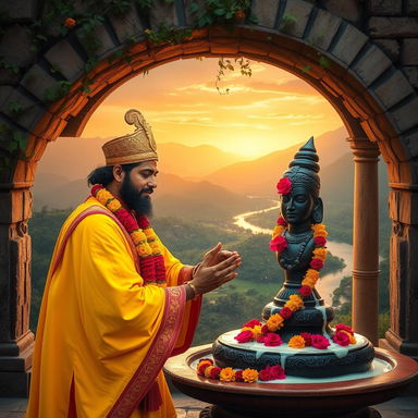 Chhatrapati Shivaji Maharaj, dressed in a royal yellow and red attire with intricate gold embroidery, performs a sacred milk abhishek to a black Shiva Lingam adorned with vibrant flowers