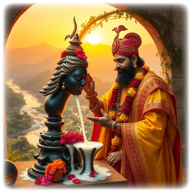 Chhatrapati Shivaji Maharaj, dressed in a royal yellow and red attire with intricate gold embroidery, performs a sacred milk abhishek to a black Shiva Lingam adorned with vibrant flowers