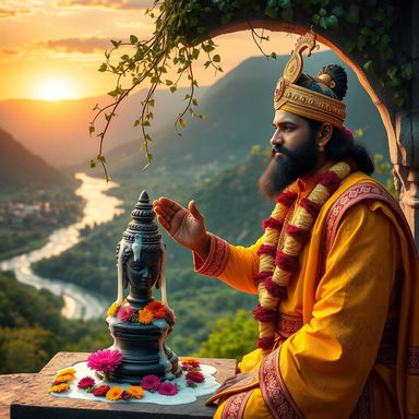 Chhatrapati Shivaji Maharaj, dressed in a royal yellow and red attire with intricate gold embroidery, performs a sacred milk abhishek to a black Shiva Lingam adorned with vibrant flowers