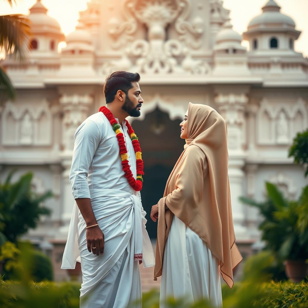 A minimalist romantic composition featuring a tall Hindu man elegantly dressed in a crisp white dhoti adorned with a vivid red tilak on his forehead
