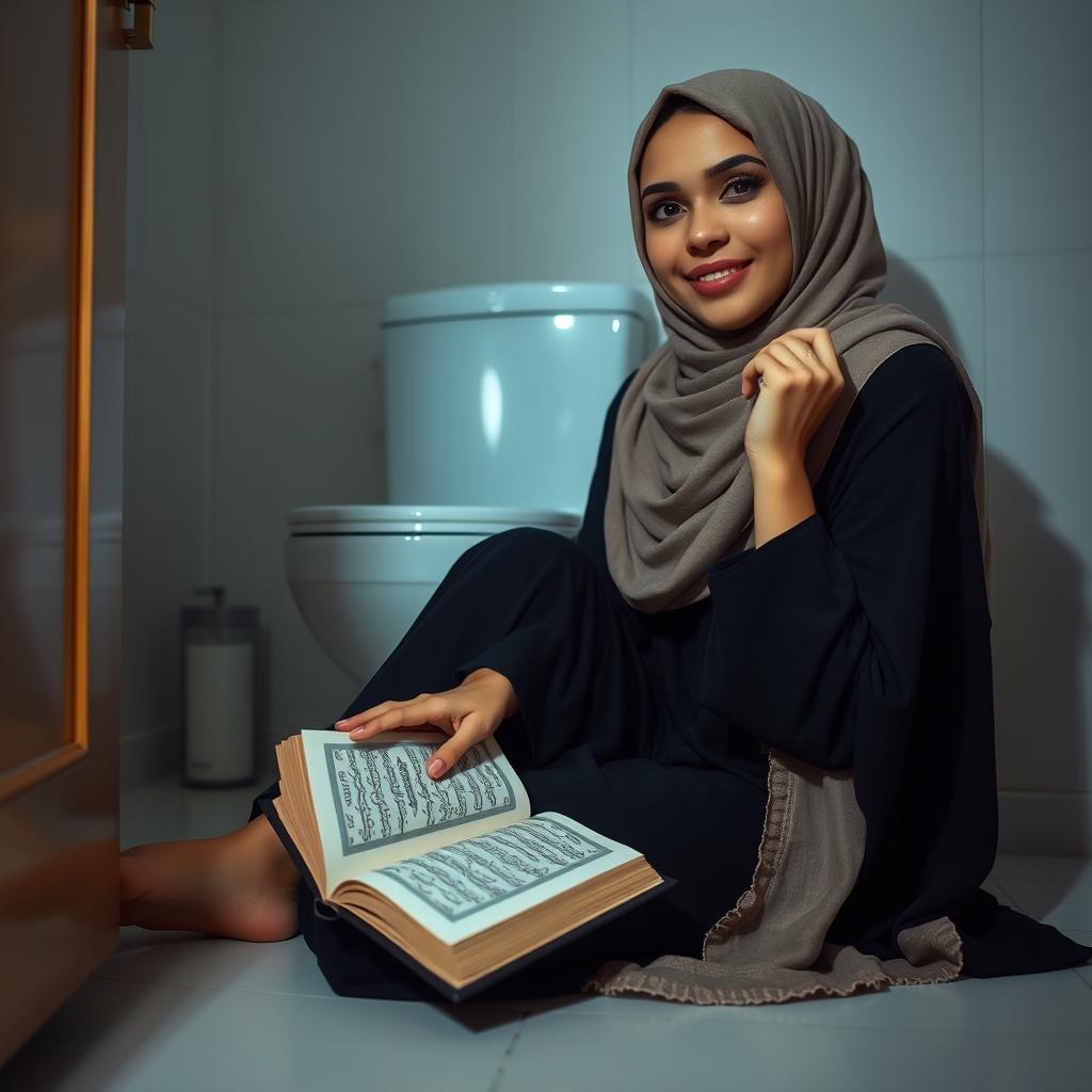 A beautiful Muslim woman with dimples, 33 years old, of Arab Indonesian descent with fair skin and a slender figure